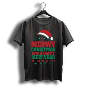 Meowy Christmas And A Happy Mew Year Cat Santa Hat Paw Prints T Shirt