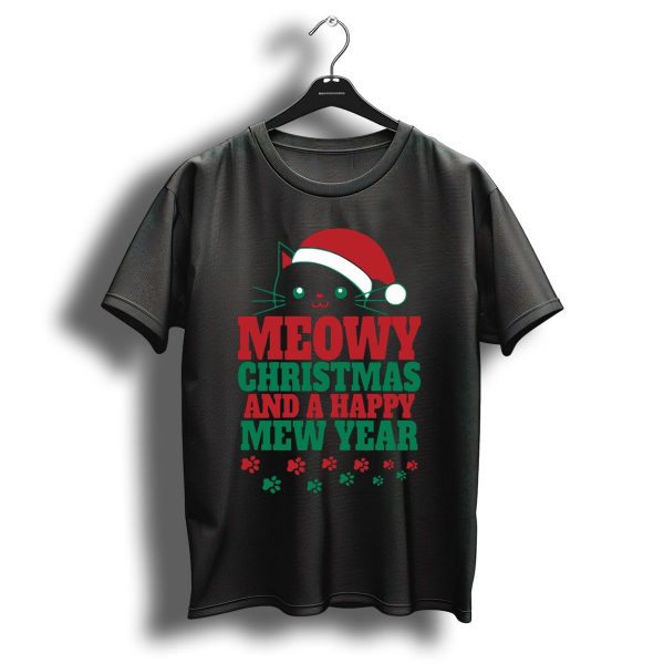 Meowy Christmas And A Happy Mew Year Cat Santa Hat Paw Prints T Shirt 1 t shirt 1