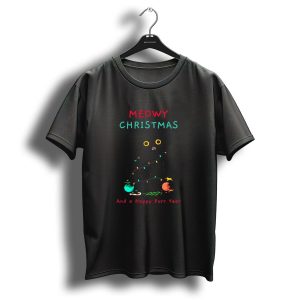 Meowy Christmas And A Happy Purr Year Cat Wrapped In Christmas Lights T Shirt