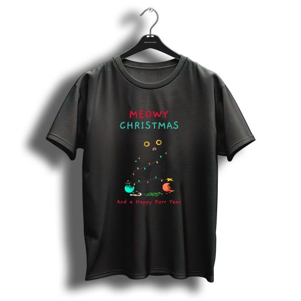 Meowy Christmas And A Happy Purr Year Cat Wrapped In Christmas Lights T Shirt 1 t shirt 1