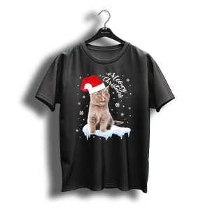Meowy Christmas Cat Kitten Santa Hat Snowflakes T-Shirt