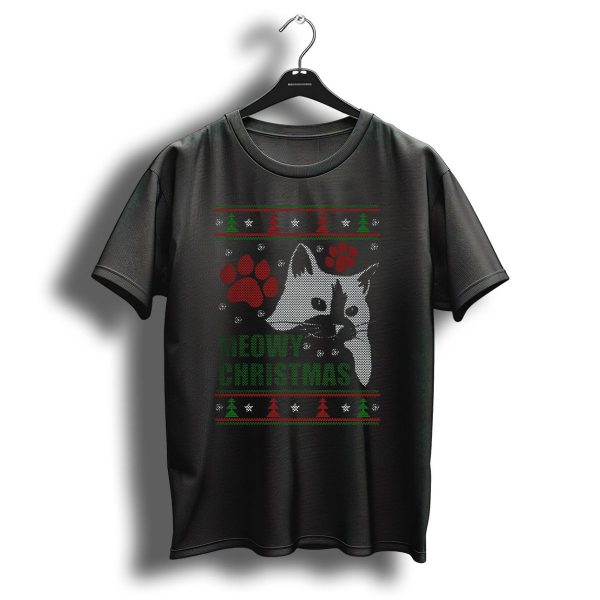 Meowy Christmas Cat With Red Paw Prints And Festive Tree T Shirt 1 t shirt 1