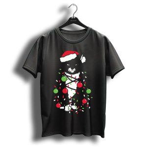 Meowy Christmas Cat Wrapped In Holiday Lights And Santa Hat T Shirt