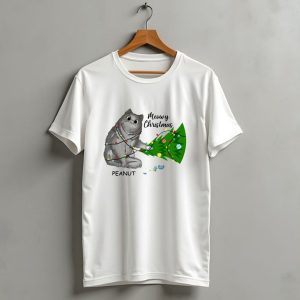 Meowy Christmas Cat Wrapped In Lights With Custom Name Peanut T Shirt