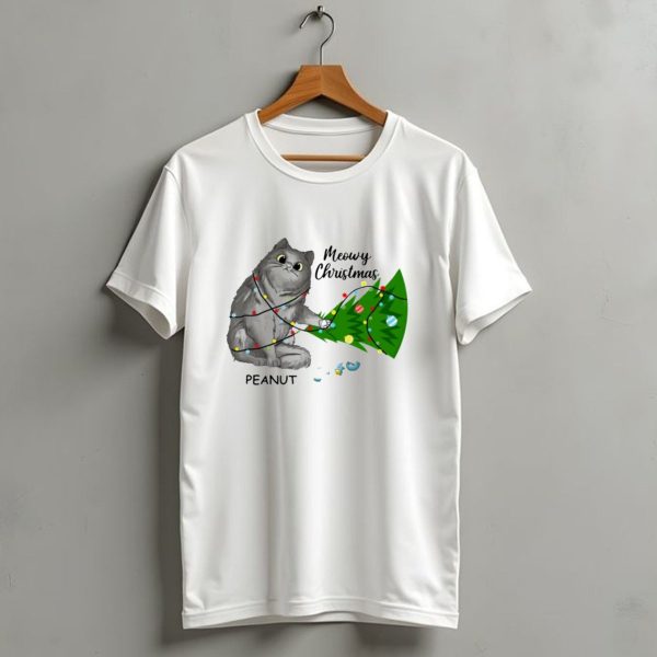 Meowy Christmas Cat Wrapped In Lights With Custom Name Peanut T Shirt 1 t shirt 1