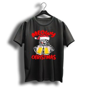 Meowy Christmas Funny Meow Drinking Beer Cat T-Shirt