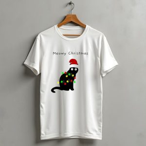 Meowy Christmas Santa Cat With Lights T Shirt