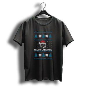 Meowy Christmas Ugly Sweater Cat Santa Hat Snowflakes Trees T Shirt