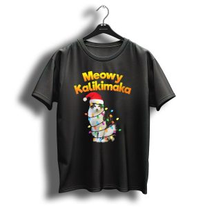 Meowy Kalikimaka Cat Wrapped In Christmas Lights With Santa Hat T Shirt