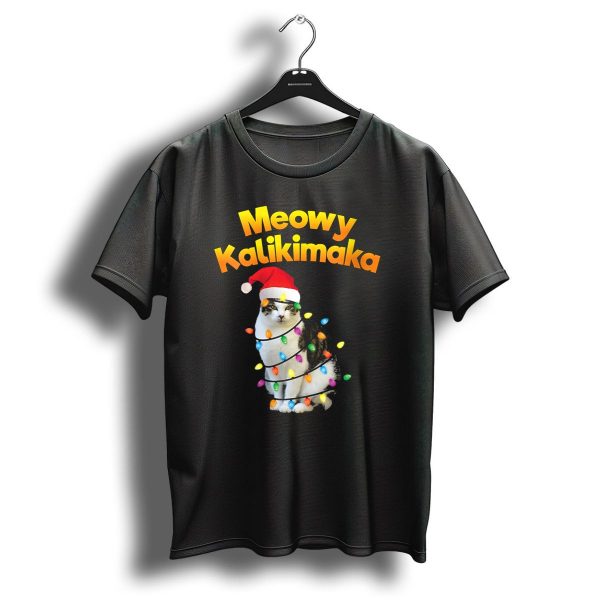 Meowy Kalikimaka Cat Wrapped In Christmas Lights With Santa Hat T Shirt 1 t shirt 1