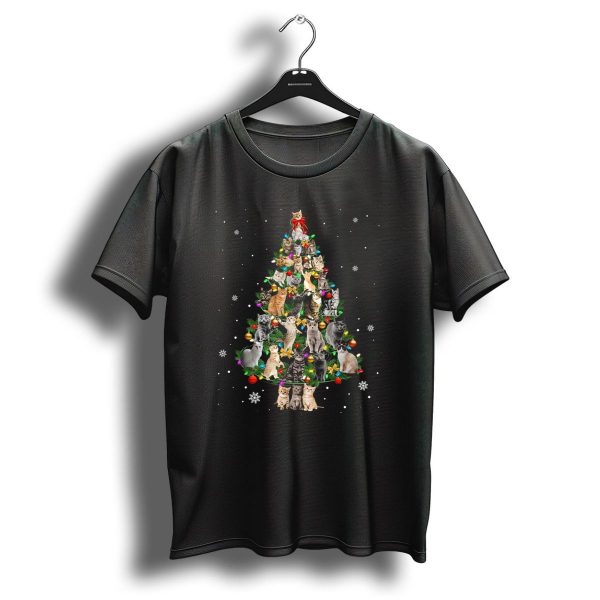 Meowy Xmas Festive Cats Christmas Tree With Lights And Snowflakes T Shirt 1 t shirt 1