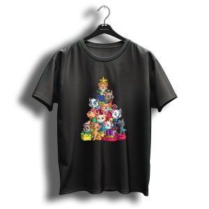Meowy Xmas Funny Cat Tree Ugly Christmas Lights Cat Stack With Star And Presents T-Shirt