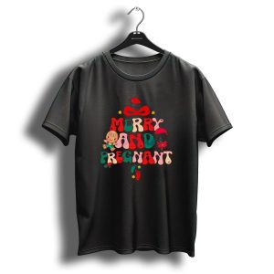 Merry And Pregnant Christmas Tree Baby Reveal With Santa Hat And Gingerbread People T-Shirt