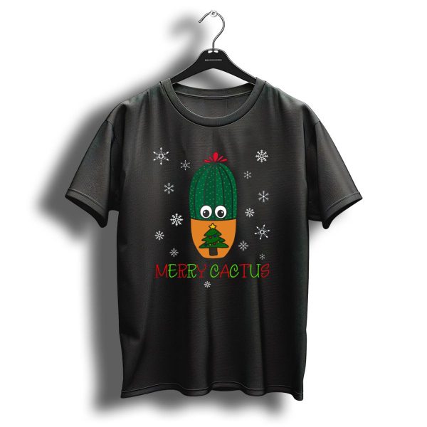 Merry Cactus Festive Christmas Tree Pot With Snowflakes T Shirt 1 t shirt 1