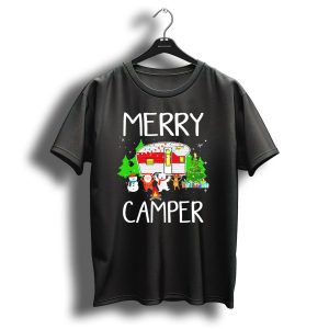 Merry Camper Christmas Santa Snowman Reindeer Campfire Scene T Shirt