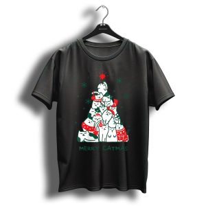 Merry Catmas Cat Christmas Tree With Santa Hats And Snowflakes T Shirt