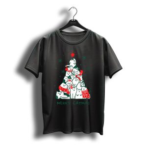 Merry Catmas Cat Christmas Tree With Santa Hats And Snowflakes T-Shirt