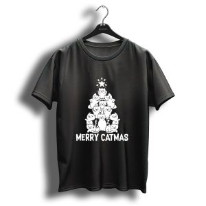 Merry Catmas Cute Adorable Cat Christmas Tree Pyramid Star T-Shirt