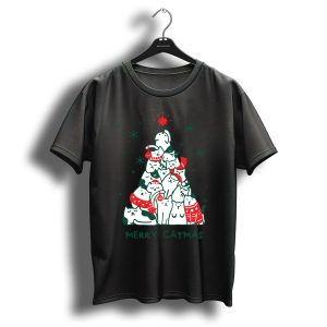 Merry Catmas Funny Cat Christmas Tree Holiday Cats Snowflakes Red Green T-Shirt