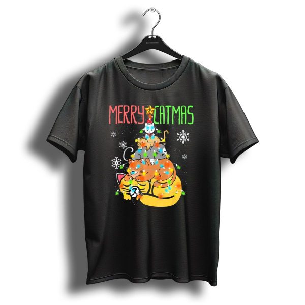 Merry Catmas Funny Christmas Cats With Kittens And Festive Lights T Shirt 1 t shirt 1