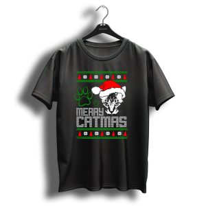 Merry Catmas Santa Hat Cat Paw Christmas Trees Snowflakes T Shirt