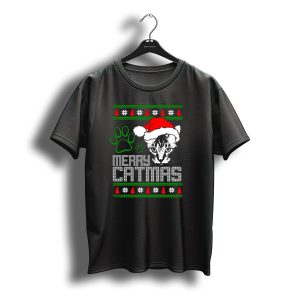 Merry Catmas Santa Hat Cat Paw Christmas Trees Snowflakes T-Shirt