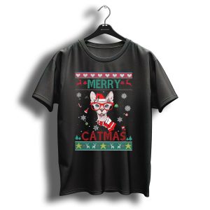 Merry Catmas Sphynx Cat With Santa Hat And Glasses For Christmas T Shirt