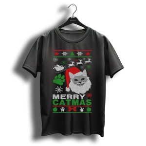 Merry Catmas Ugly Christmas Sweater Santa Cat With Reindeer And Paw Prints T Shirt