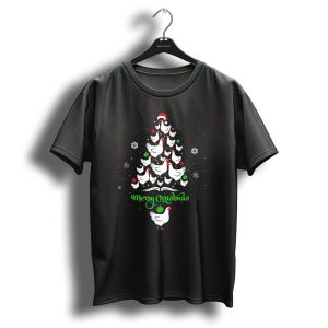 Merry Chickmas Chicken Lover Christmas Tree With Santa Hat And Ornaments T-Shirt