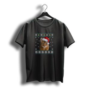 Merry Christmas Abyssinian Cat Wearing Santa Hat With Snowflakes And Festive T-Shirt