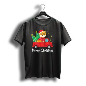 Merry Christmas Akita In Santa Hat With Tree In Red Truck T-Shirt