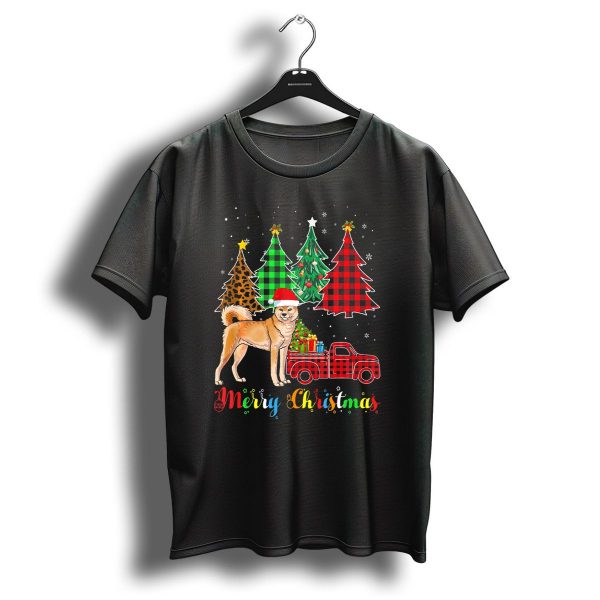 Merry Christmas Akita Red Plaid Truck With Colorful Trees T Shirt 1 t shirt 1