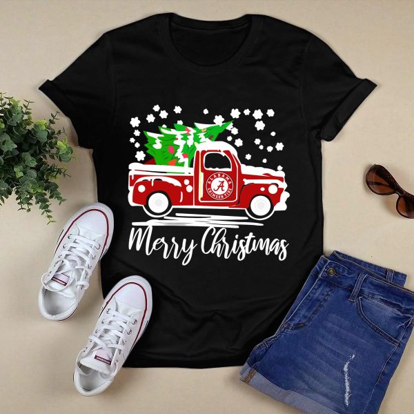 Merry Christmas Alabama Crimson Tide Vintage Truck Snowy Tree T Shirt Style 1 Black 1