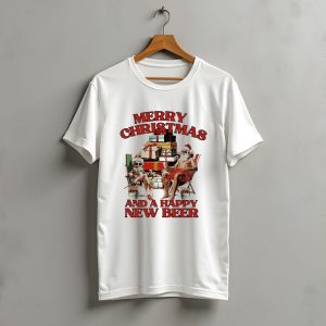 Merry Christmas And A Happy New Beer Skeleton Santa And Elf With Gifts T-Shirt