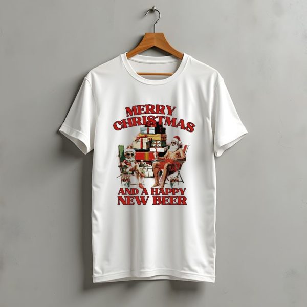 Merry Christmas And A Happy New Beer Skeleton Santa And Elf With Gifts T Shirt t shirt 1