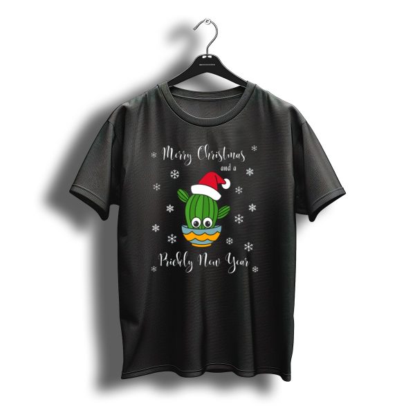 Merry Christmas And A Prickly New Year Cactus With Santa Hat And Snowflakes T Shirt t shirt 1
