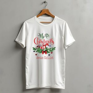 Merry Christmas Awake Skillet Festive Presents And Pine Garland T Shirt 1