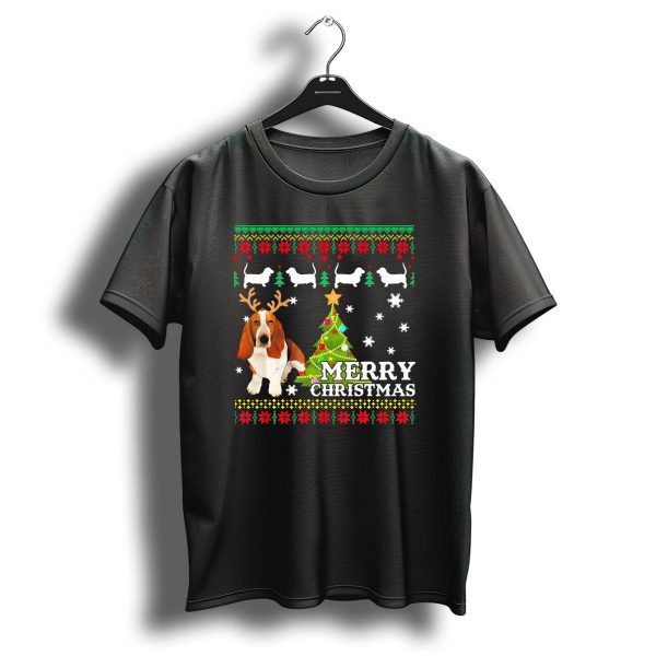 Merry Christmas Basset Hound Reindeer Ugly Sweater Holiday Tree T Shirt 1 t shirt 1