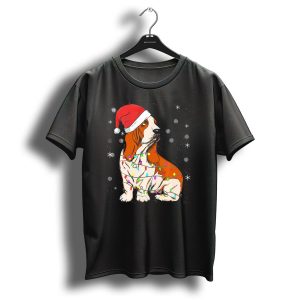 Merry Christmas Basset Hound Santa Hat Festive String Lights T Shirt