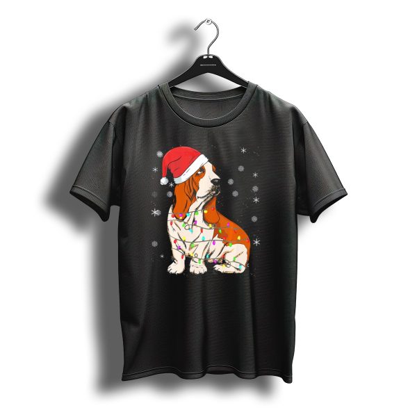 Merry Christmas Basset Hound Santa Hat Festive String Lights T Shirt t shirt 1