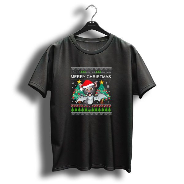 Merry Christmas Bat Santa Hat Festive Tree Stars Snowflakes T Shirt 1 t shirt 1