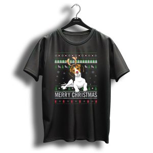 Merry Christmas Beagle Dog With Reindeer Antlers And Red Nose In Holiday T-Shirt