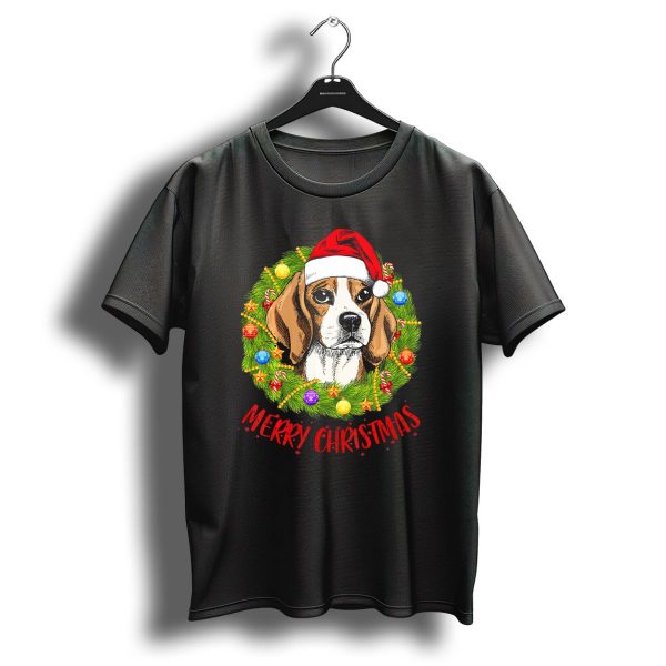Merry Christmas Beagle Dogs In Santa Hat With Holiday Wreath T Shirt 1 t shirt 1