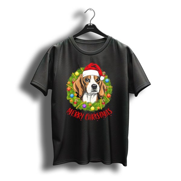 Merry Christmas Beagle Dogs In Santa Hat With Holiday Wreath T Shirt t shirt 1