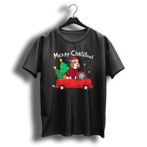 Merry Christmas Beagle In Red Truck With Tree And Stars T Shirt