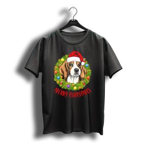 Merry Christmas Beagle In Santa Hat And Festive Wreath T-Shirt