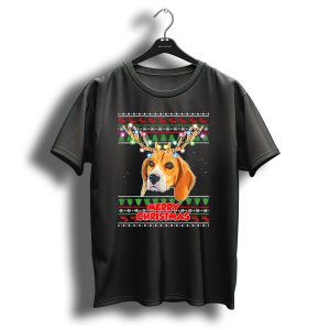 Merry Christmas Beagle With Antler Lights Snowflakes Trees Reindeer T Shirt