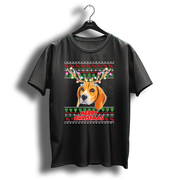 Merry Christmas Beagle With Antler Lights Snowflakes Trees Reindeer T Shirt 1 t shirt 1