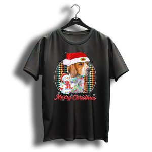 Merry Christmas Beagle With Santa Hat And Snowman Wrapped In Holiday Lights T Shirt