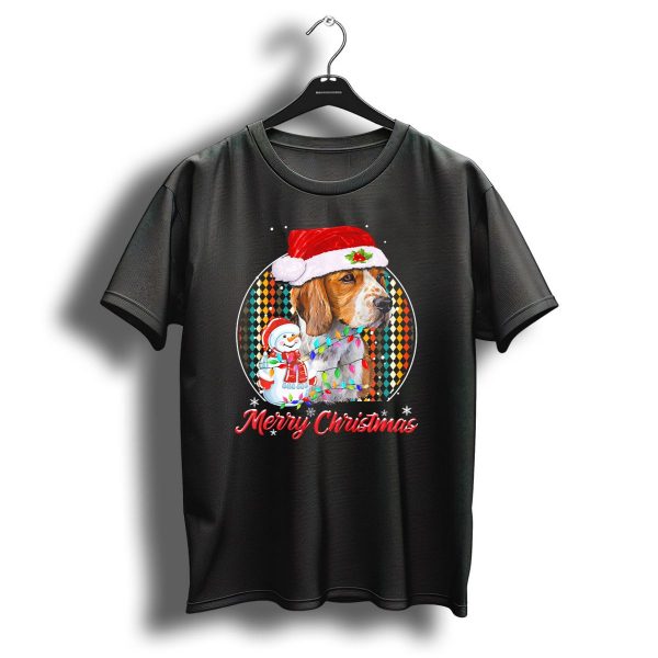 Merry Christmas Beagle With Santa Hat And Snowman Wrapped In Holiday Lights T Shirt 1 t shirt 1